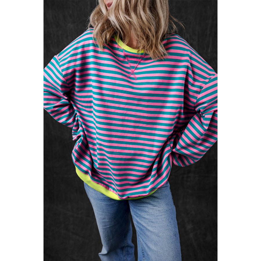 Green Stripe Oversized Contrast Trim Pullover Sweatshirt Tops/Sweatshirts & Hoodies