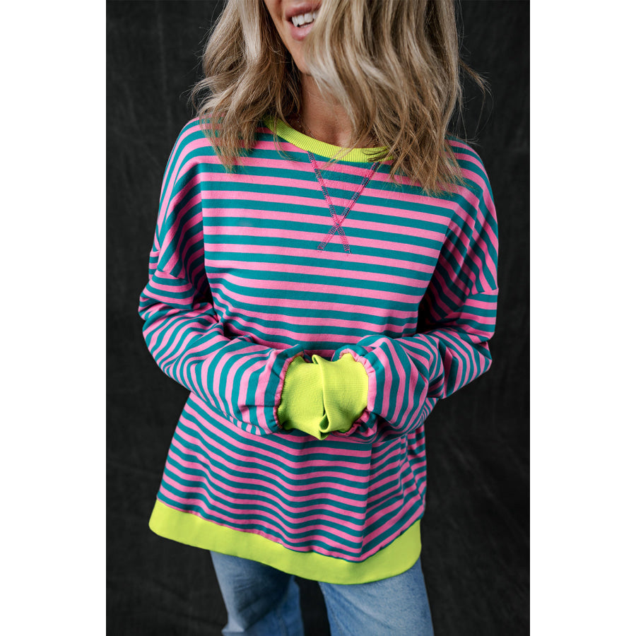 Green Stripe Oversized Contrast Trim Pullover Sweatshirt Tops/Sweatshirts & Hoodies