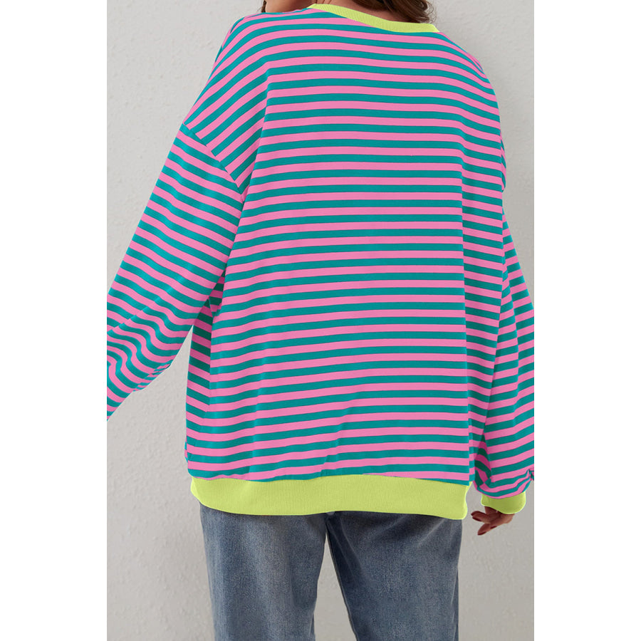 Green Stripe Oversized Contrast Trim Pullover Sweatshirt Tops/Sweatshirts & Hoodies