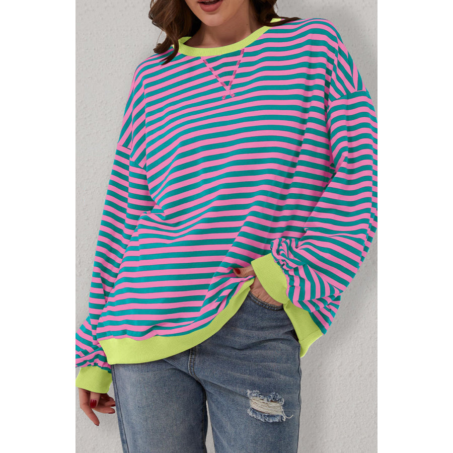 Green Stripe Oversized Contrast Trim Pullover Sweatshirt Tops/Sweatshirts & Hoodies