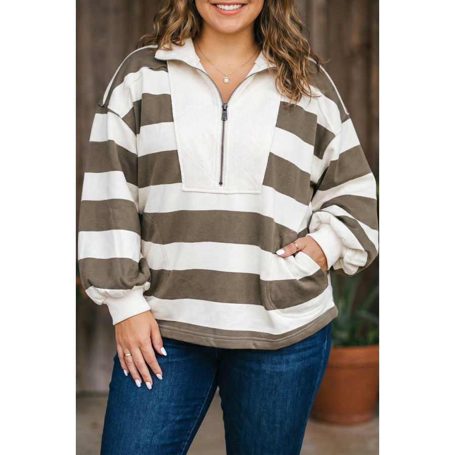 Green Stripe Plus Size Half Zipped Casual Sweatshirt Green Stripe / 1X / 100% Polyester Plus Size/Plus Size Sweatshirts & Hoodies