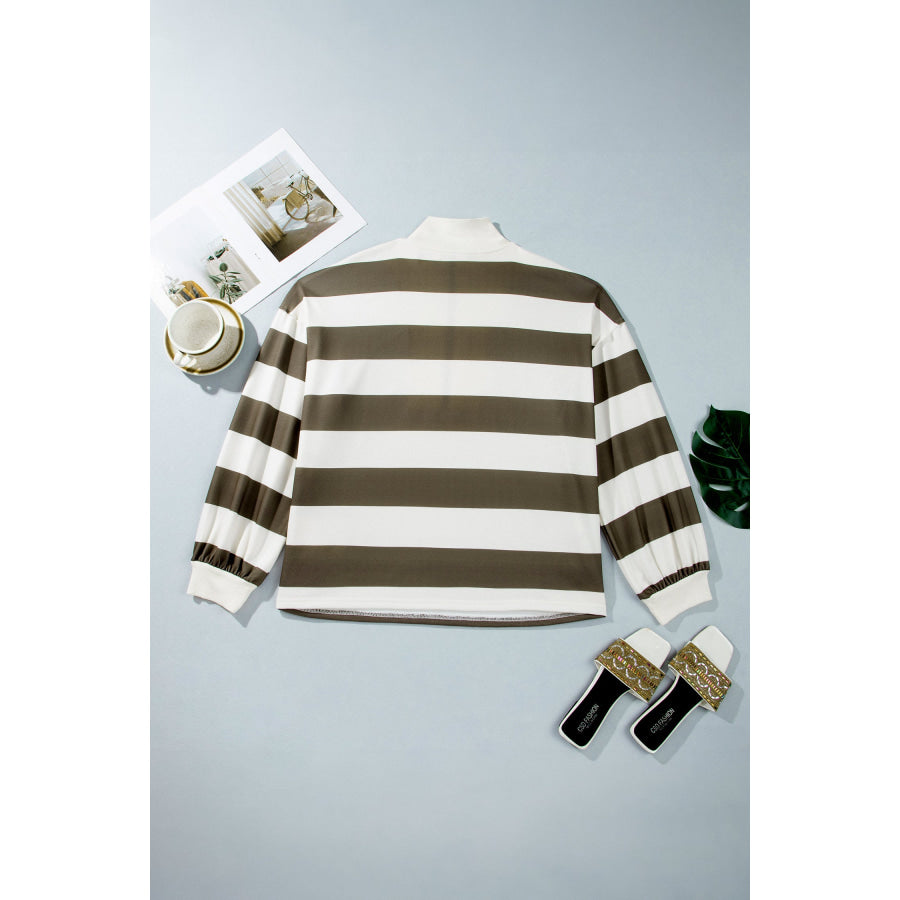 Green Stripe Plus Size Half Zipped Casual Sweatshirt Plus Size/Plus Size Sweatshirts & Hoodies