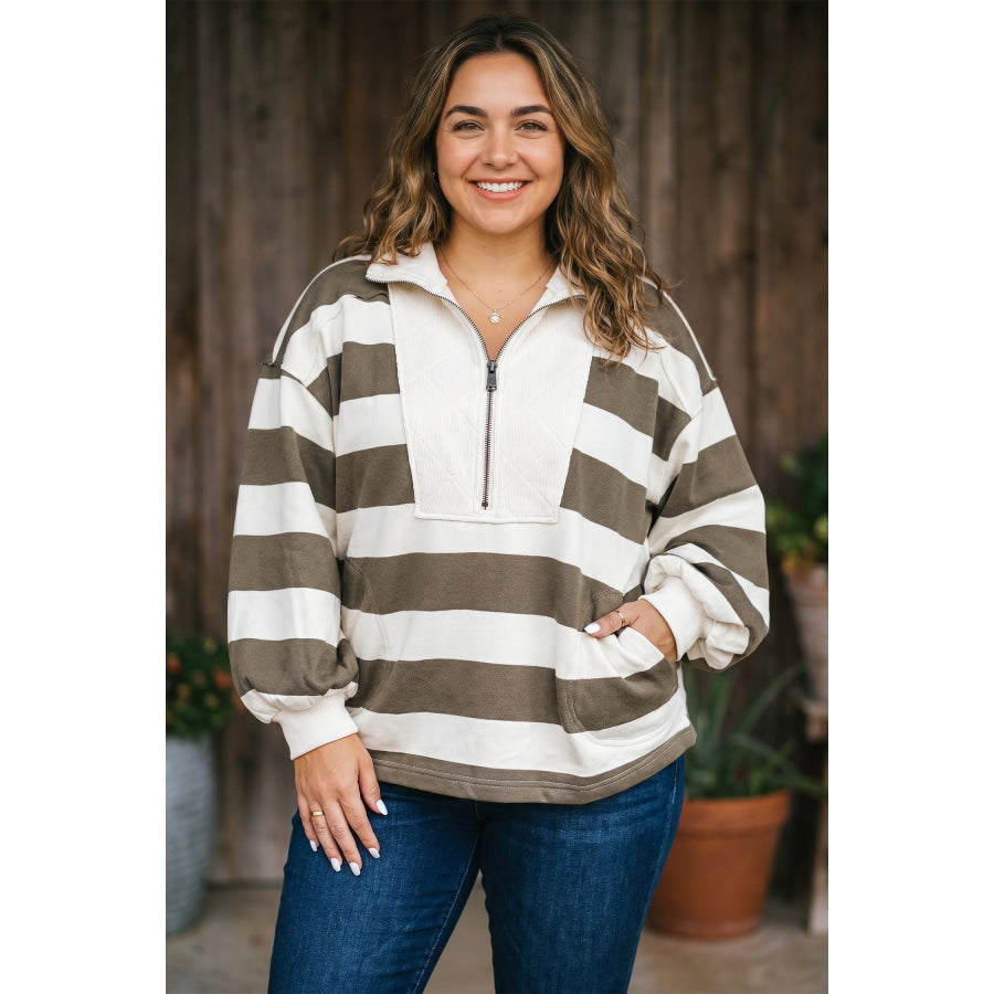 Green Stripe Plus Size Half Zipped Casual Sweatshirt Green Stripe / 1X / 100% Polyester Plus Size/Plus Size Sweatshirts & Hoodies