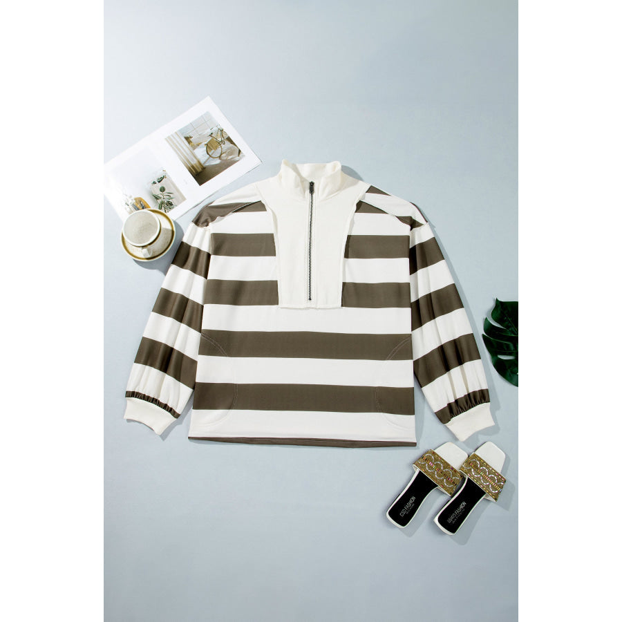Green Stripe Plus Size Half Zipped Casual Sweatshirt Plus Size/Plus Size Sweatshirts & Hoodies