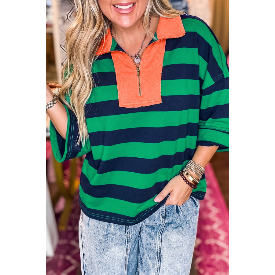 Green Stripe Quarter-Zip Metal Zipper Cover Stitch Hem Top / S / 95% Cotton + 5% Elastane Tops/Long Sleeve Tops