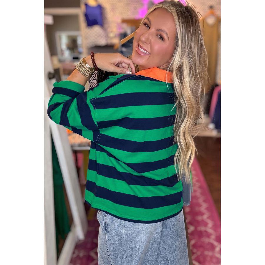 Green Stripe Quarter-Zip Metal Zipper Cover Stitch Hem Top Tops/Long Sleeve Tops