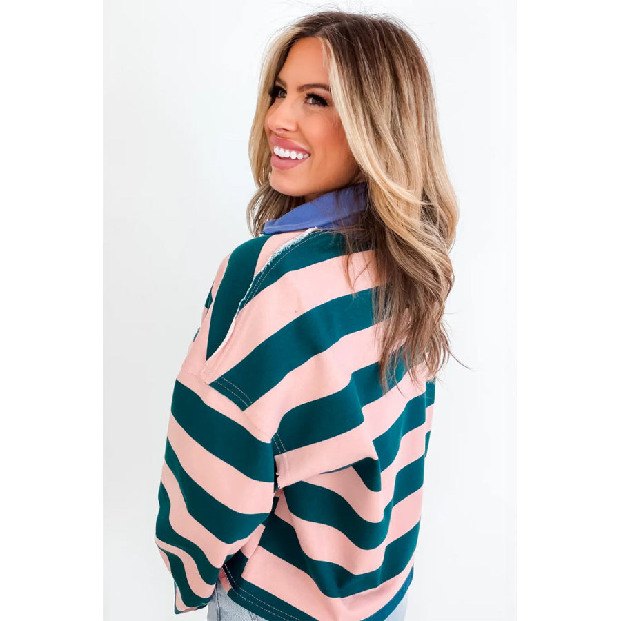 Green Stripe Quarter-Zip Metal Zipper Cover Stitch Hem Top Tops/Long Sleeve Tops