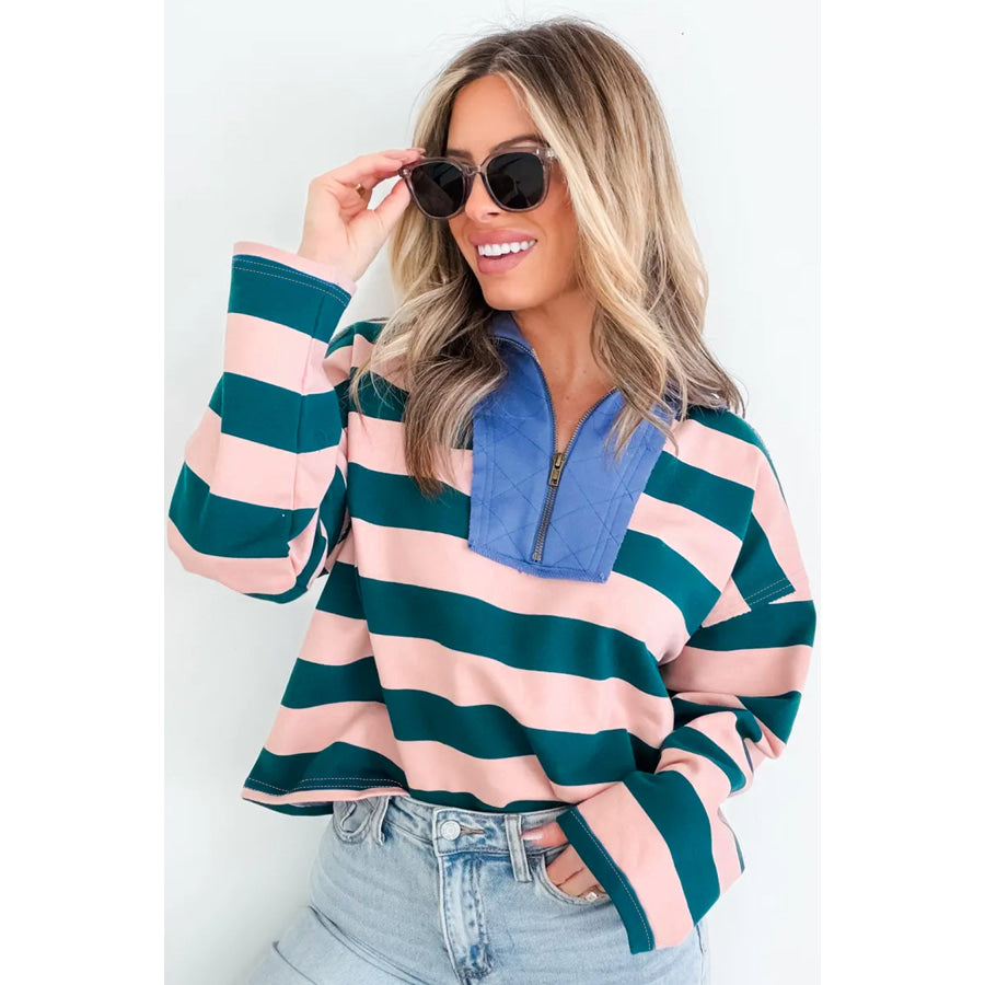 Green Stripe Quarter-Zip Metal Zipper Cover Stitch Hem Top Tops/Long Sleeve Tops