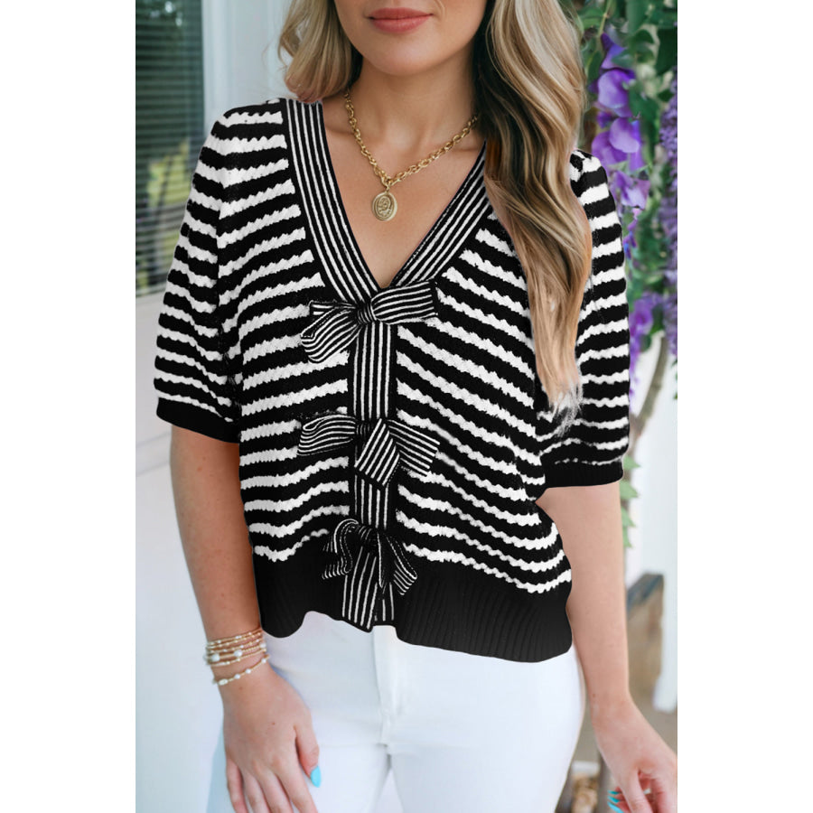 Green Stripe Short Sleeve Knit V Neck Bow Knot Sweater Black Stripe / S / 60% Cotton + 40% Acrylic Sweaters & Cardigans/Short Sleeve