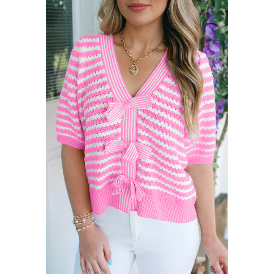Green Stripe Short Sleeve Knit V Neck Bow Knot Sweater Pink Stripe / S / 60% Cotton + 40% Acrylic Sweaters & Cardigans/Short Sleeve Sweaters