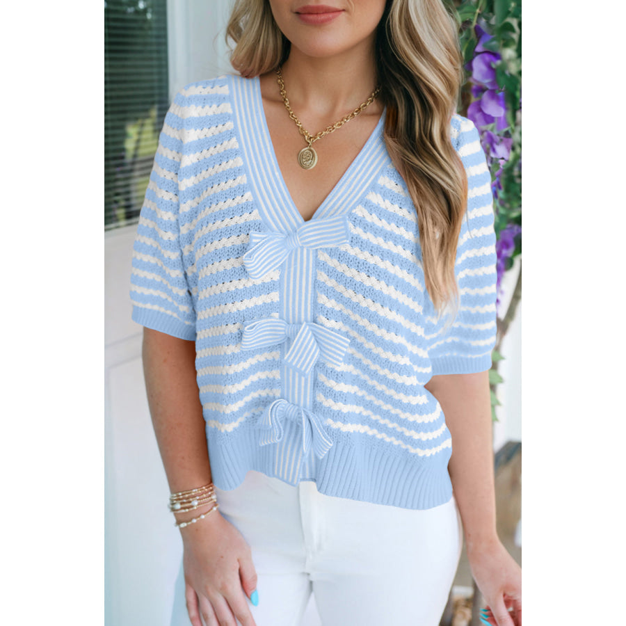 Green Stripe Short Sleeve Knit V Neck Bow Knot Sweater Sky Blue Stripe / S / 60% Cotton + 40% Acrylic Sweaters & Cardigans/Short Sleeve