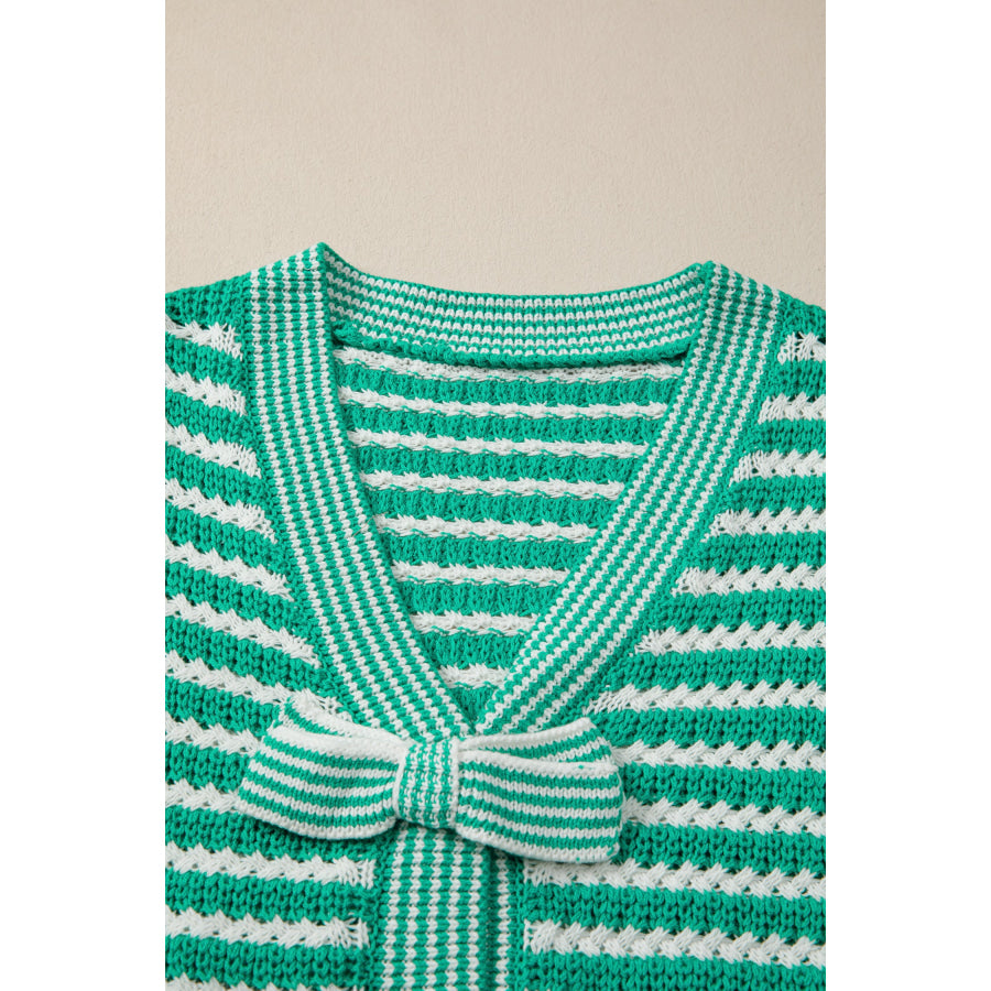 Green Stripe Short Sleeve Knit V Neck Bow Knot Sweater Sweaters & Cardigans/Short Sleeve Sweaters