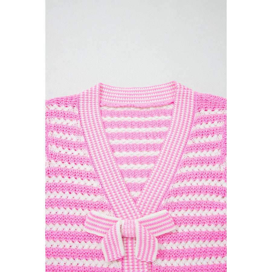 Green Stripe Short Sleeve Knit V Neck Bow Knot Sweater Sweaters & Cardigans/Short Sleeve Sweaters