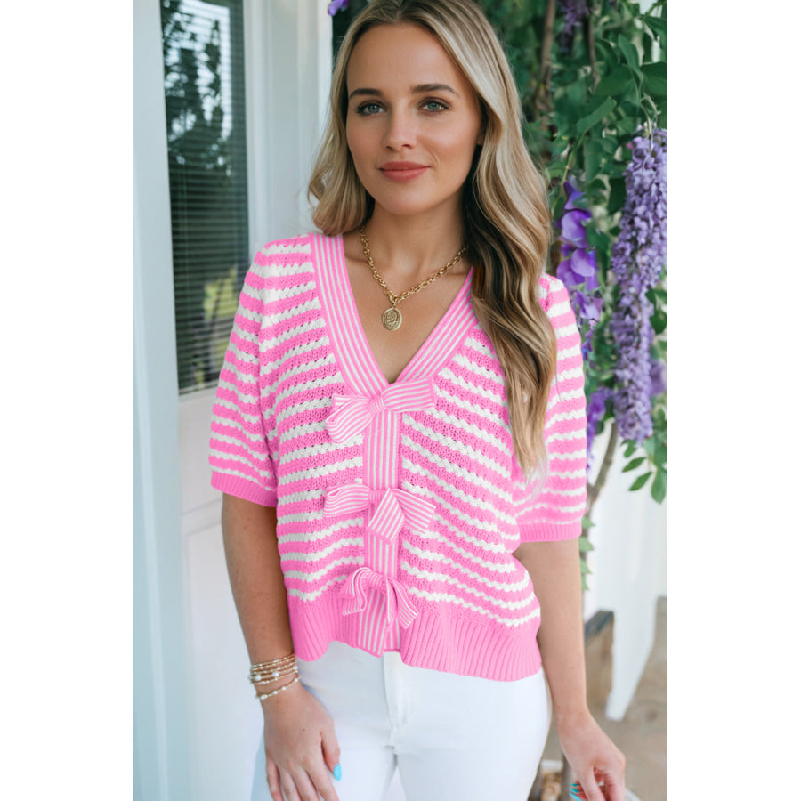Green Stripe Short Sleeve Knit V Neck Bow Knot Sweater Sweaters & Cardigans/Short Sleeve Sweaters