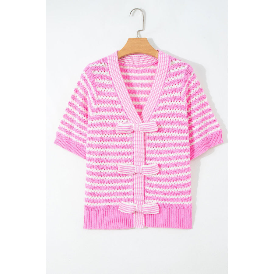 Green Stripe Short Sleeve Knit V Neck Bow Knot Sweater Sweaters & Cardigans/Short Sleeve Sweaters