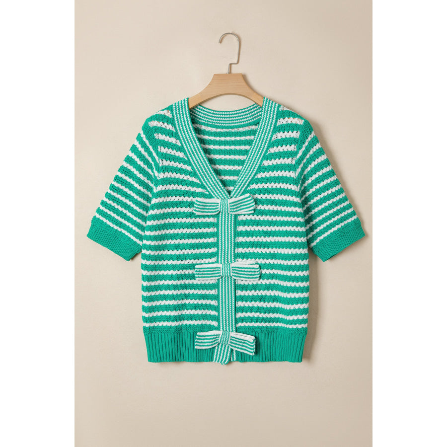 Green Stripe Short Sleeve Knit V Neck Bow Knot Sweater Sweaters & Cardigans/Short Sleeve Sweaters