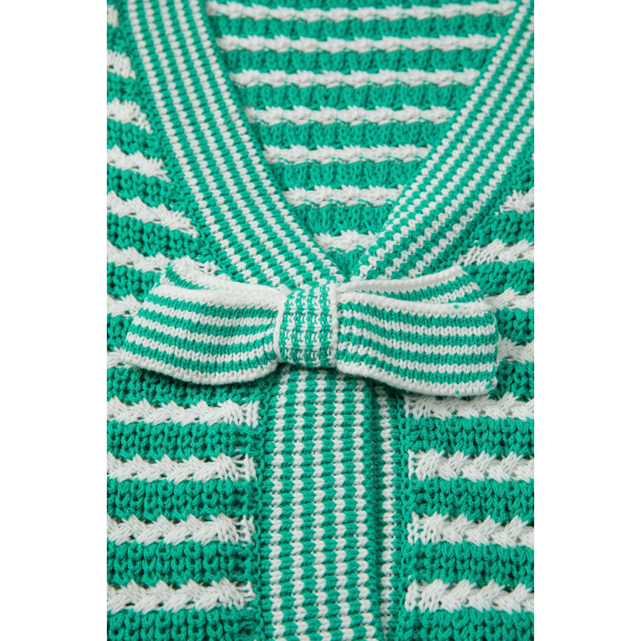 Green Stripe Short Sleeve Knit V Neck Bow Knot Sweater Sweaters & Cardigans/Short Sleeve Sweaters