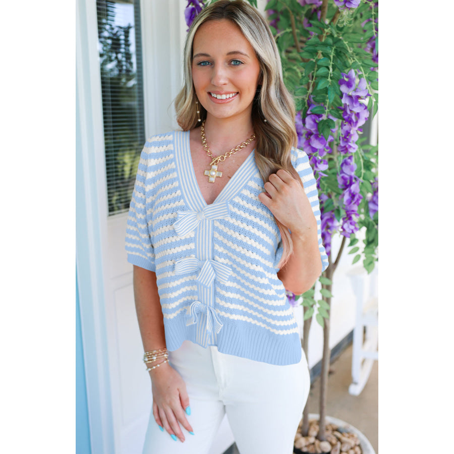 Green Stripe Short Sleeve Knit V Neck Bow Knot Sweater Sweaters & Cardigans/Short Sleeve Sweaters