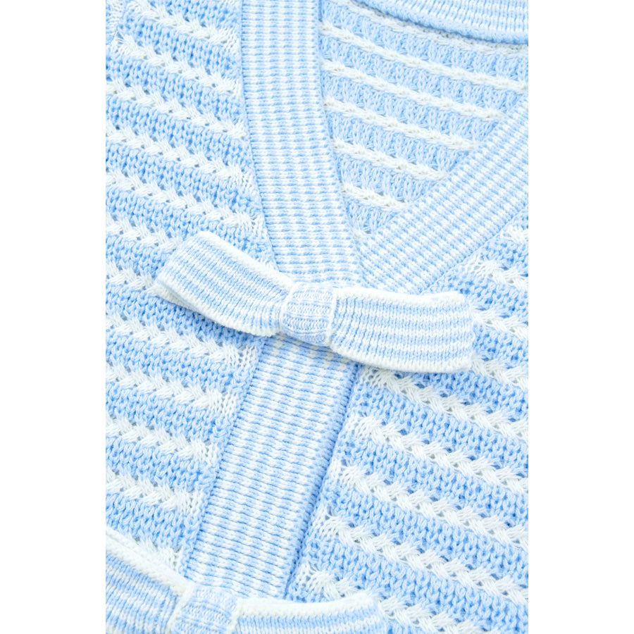 Green Stripe Short Sleeve Knit V Neck Bow Knot Sweater Sweaters & Cardigans/Short Sleeve Sweaters