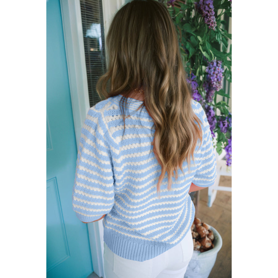 Green Stripe Short Sleeve Knit V Neck Bow Knot Sweater Sweaters & Cardigans/Short Sleeve Sweaters