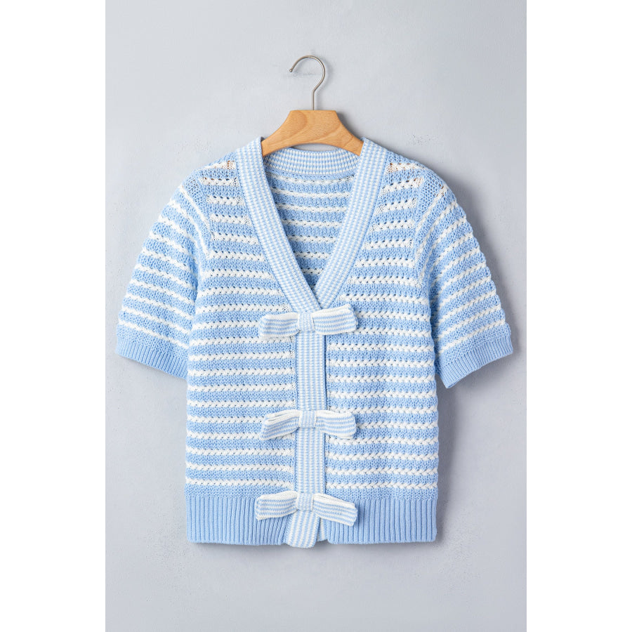 Green Stripe Short Sleeve Knit V Neck Bow Knot Sweater Sweaters & Cardigans/Short Sleeve Sweaters