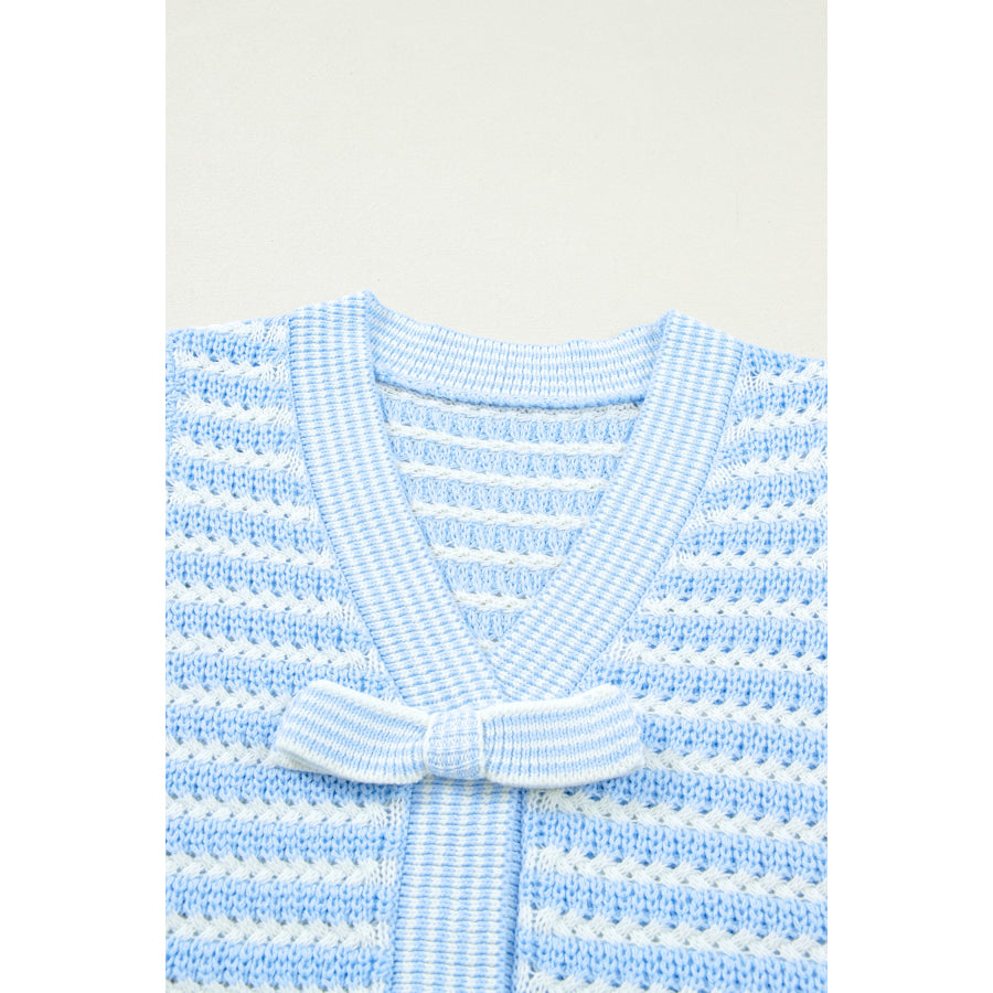 Green Stripe Short Sleeve Knit V Neck Bow Knot Sweater Sweaters & Cardigans/Short Sleeve Sweaters