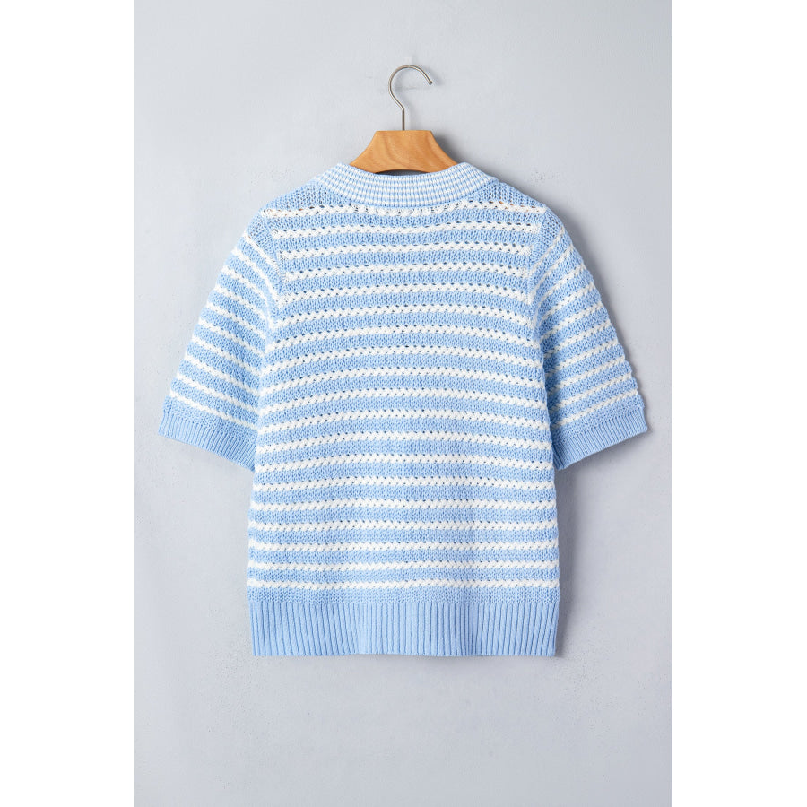 Green Stripe Short Sleeve Knit V Neck Bow Knot Sweater Sweaters & Cardigans/Short Sleeve Sweaters