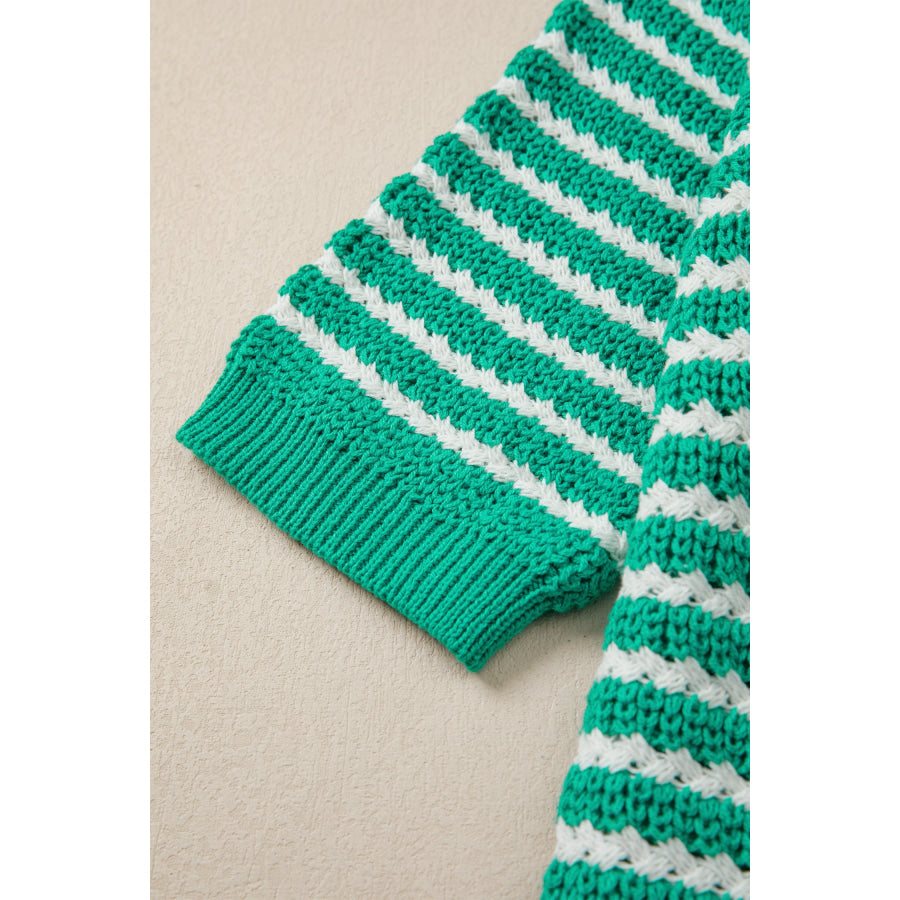 Green Stripe Short Sleeve Knit V Neck Bow Knot Sweater Sweaters & Cardigans/Short Sleeve Sweaters