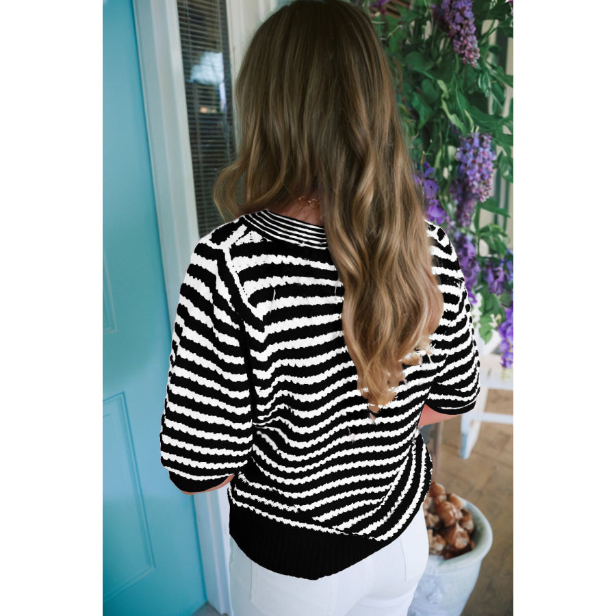 Green Stripe Short Sleeve Knit V Neck Bow Knot Sweater Sweaters & Cardigans/Short Sleeve Sweaters