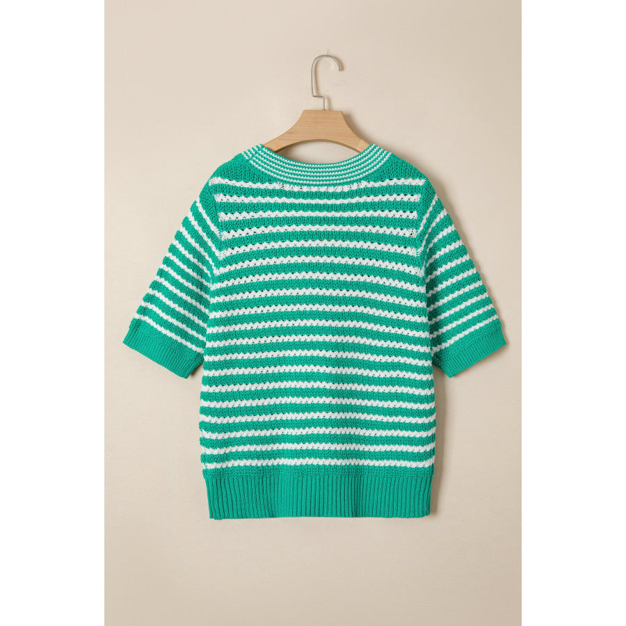 Green Stripe Short Sleeve Knit V Neck Bow Knot Sweater Sweaters & Cardigans/Short Sleeve Sweaters