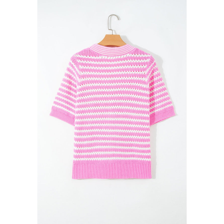 Green Stripe Short Sleeve Knit V Neck Bow Knot Sweater Sweaters & Cardigans/Short Sleeve Sweaters