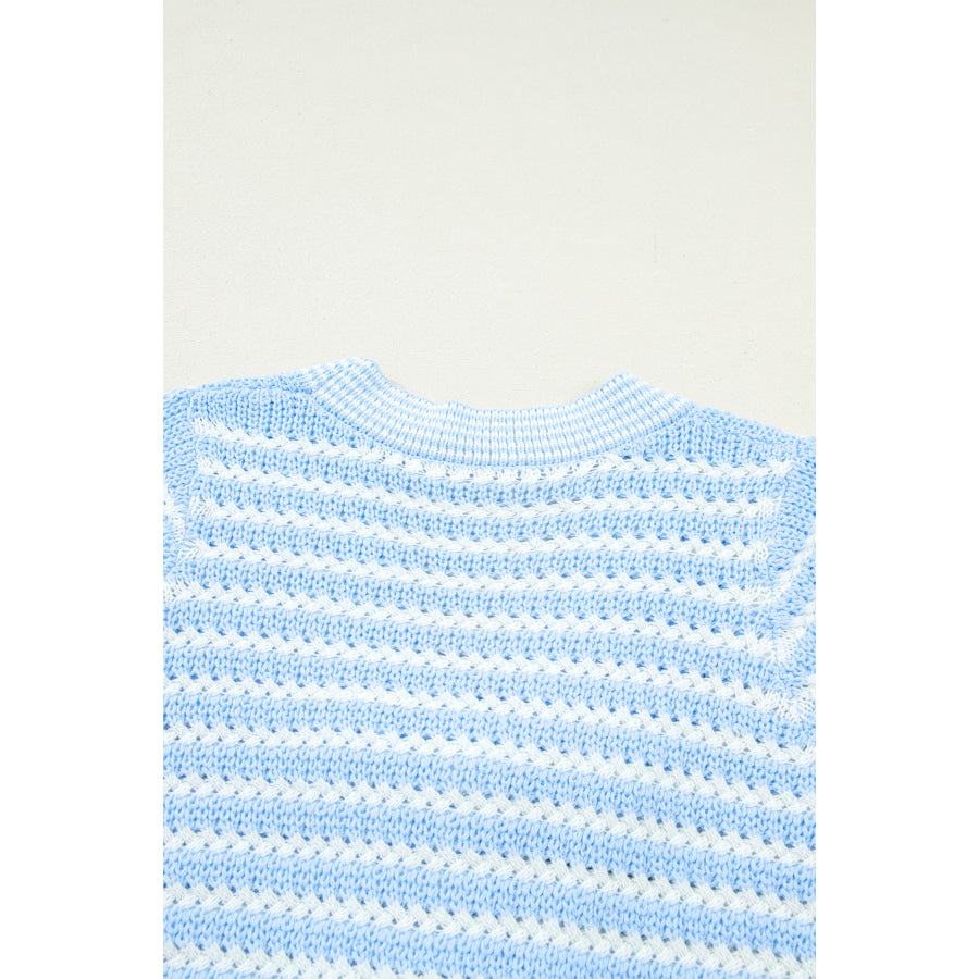 Green Stripe Short Sleeve Knit V Neck Bow Knot Sweater Sweaters & Cardigans/Short Sleeve Sweaters