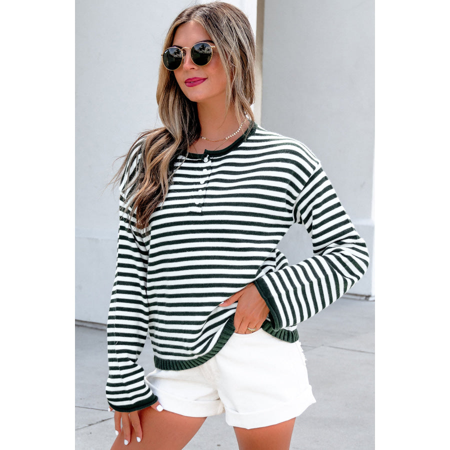 Green Stripe Striped Button Placket Drop Shoulder Long Sleeve Sweater Sweaters & Cardigans/Sweaters