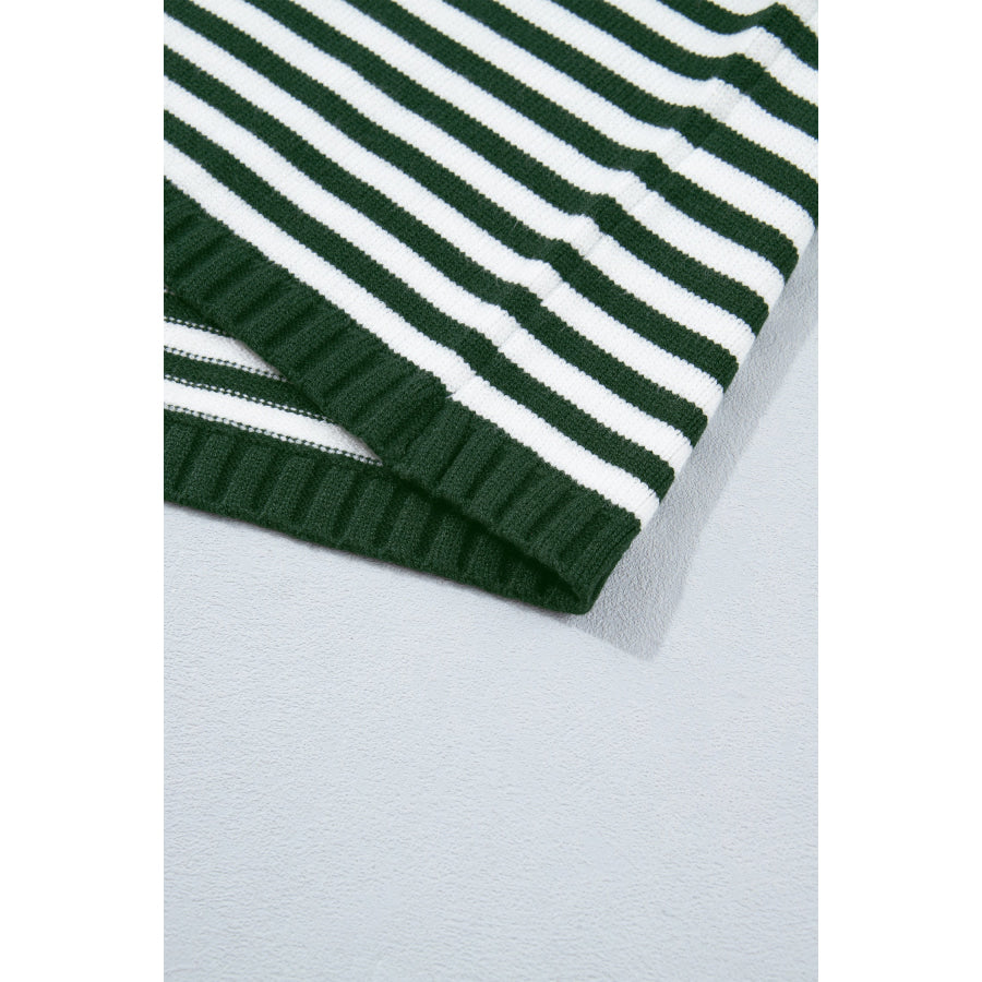 Green Stripe Striped Button Placket Drop Shoulder Long Sleeve Sweater Sweaters & Cardigans/Sweaters