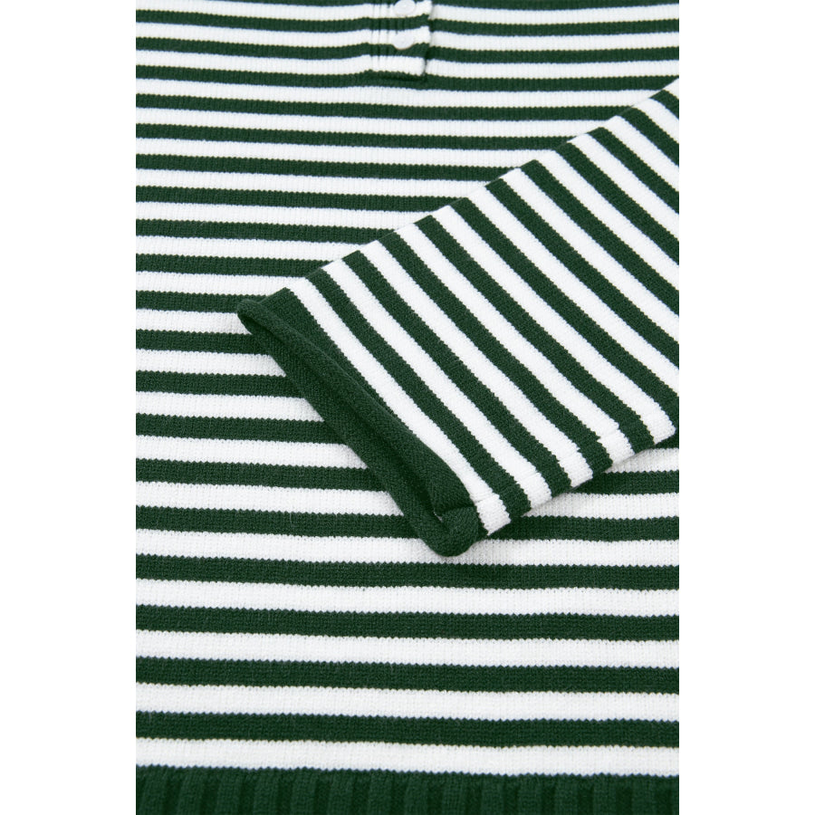 Green Stripe Striped Button Placket Drop Shoulder Long Sleeve Sweater Sweaters & Cardigans/Sweaters
