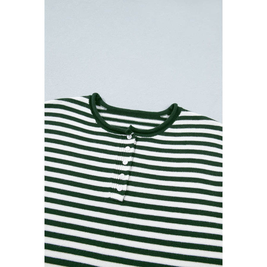 Green Stripe Striped Button Placket Drop Shoulder Long Sleeve Sweater Sweaters & Cardigans/Sweaters