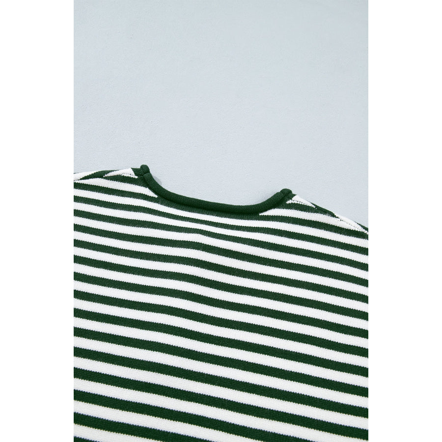 Green Stripe Striped Button Placket Drop Shoulder Long Sleeve Sweater Sweaters & Cardigans/Sweaters
