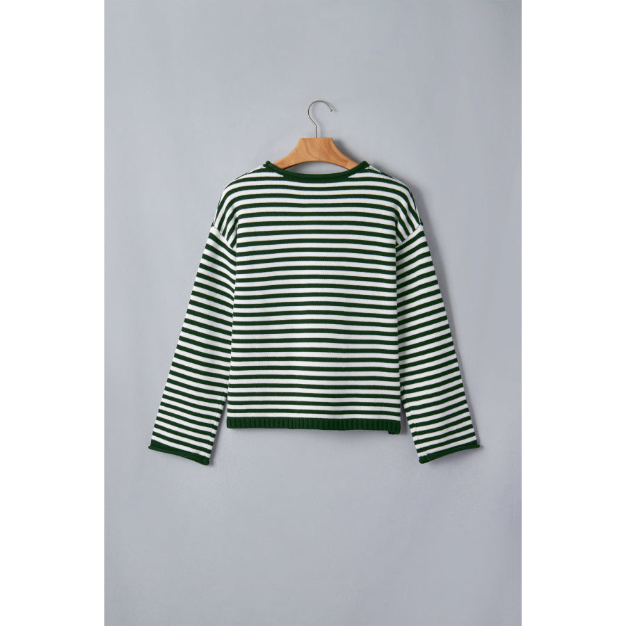 Green Stripe Striped Button Placket Drop Shoulder Long Sleeve Sweater Sweaters & Cardigans/Sweaters