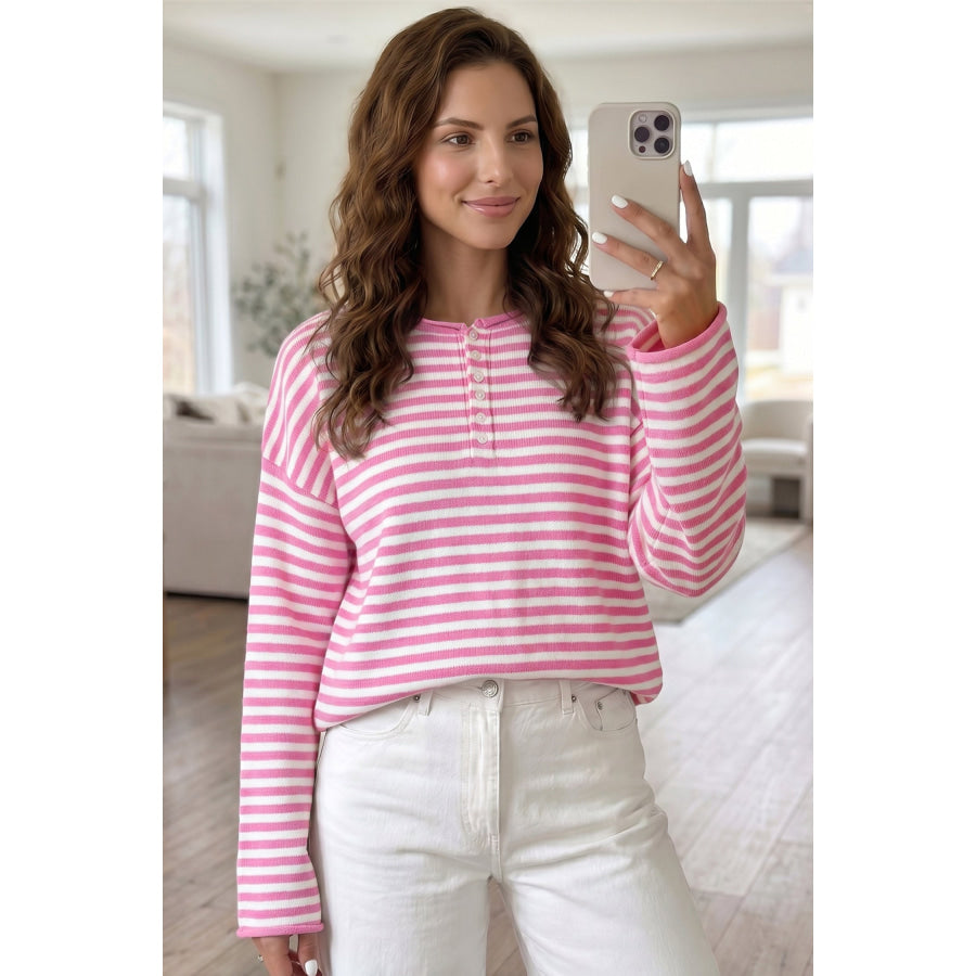 Green Stripe Striped Button Placket Drop Shoulder Long Sleeve Sweater Sweaters & Cardigans/Sweaters