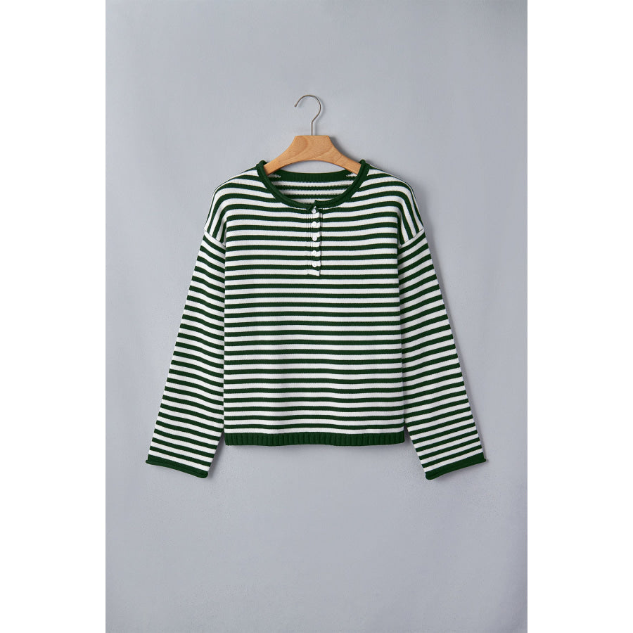 Green Stripe Striped Button Placket Drop Shoulder Long Sleeve Sweater Sweaters & Cardigans/Sweaters
