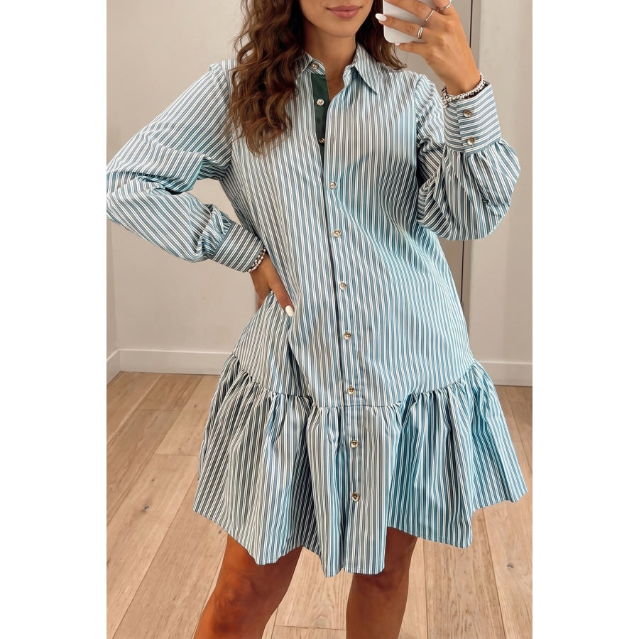 Green Stripe Striped Shift Long Sleeve Dress Dresses/Mini Dresses
