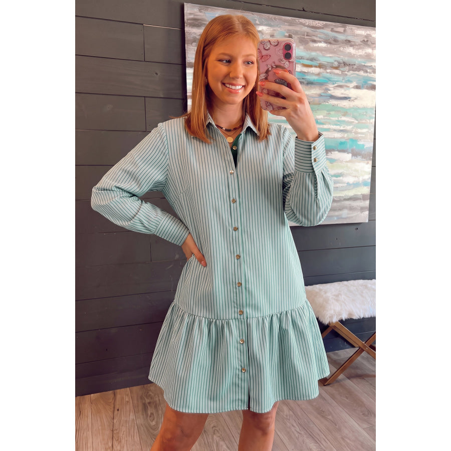 Green Stripe Striped Shift Long Sleeve Dress Dresses/Mini Dresses