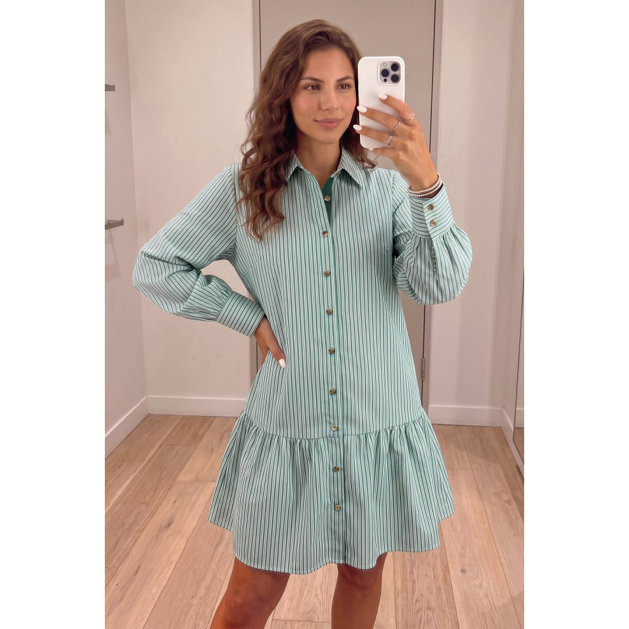 Green Stripe Striped Shift Long Sleeve Dress Green Stripe / S Dresses/Mini Dresses