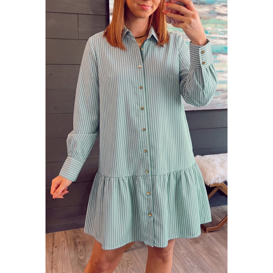 Green Stripe Striped Shift Long Sleeve Dress Dresses/Mini Dresses