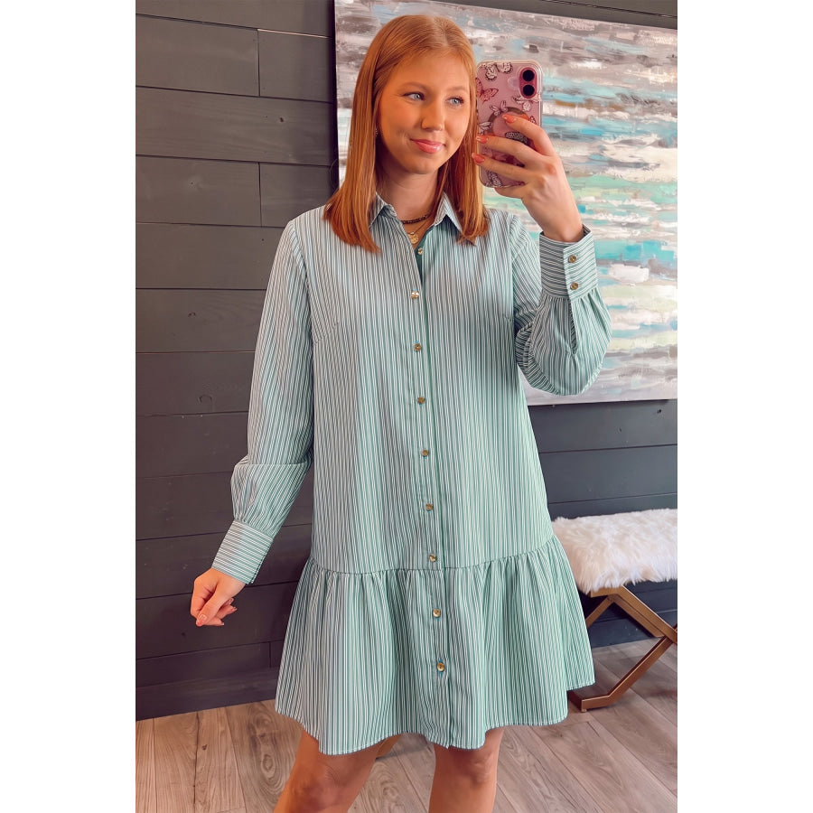 Green Stripe Striped Shift Long Sleeve Dress Dresses/Mini Dresses