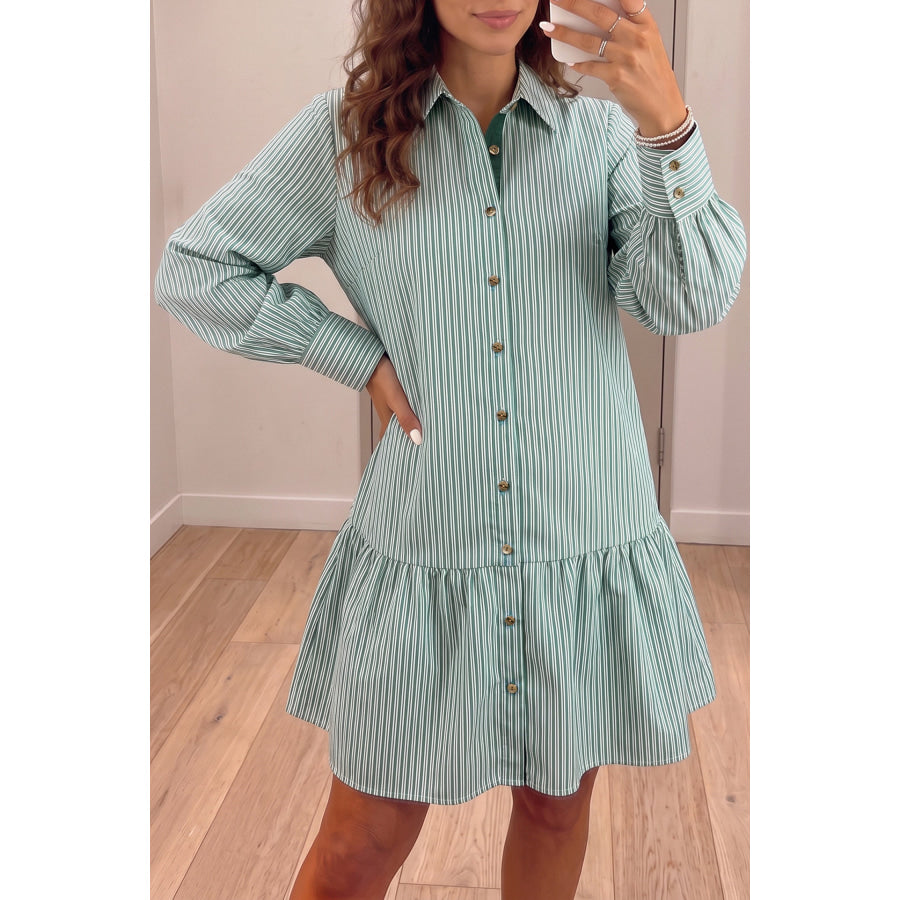Green Stripe Striped Shift Long Sleeve Dress Green Stripe / S Dresses/Mini Dresses