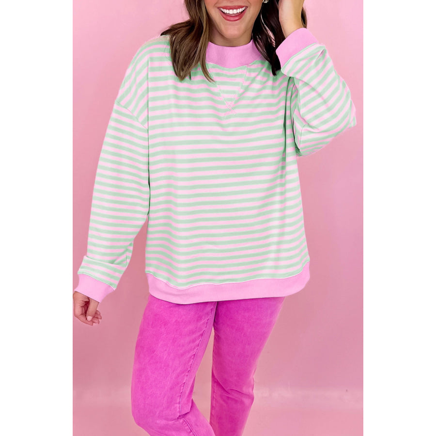 Green Stripe Striped Stand Neck Long Sleeve Sweatshirt / S / 95% Cotton + 5% Elastane Tops/Sweatshirts & Hoodies