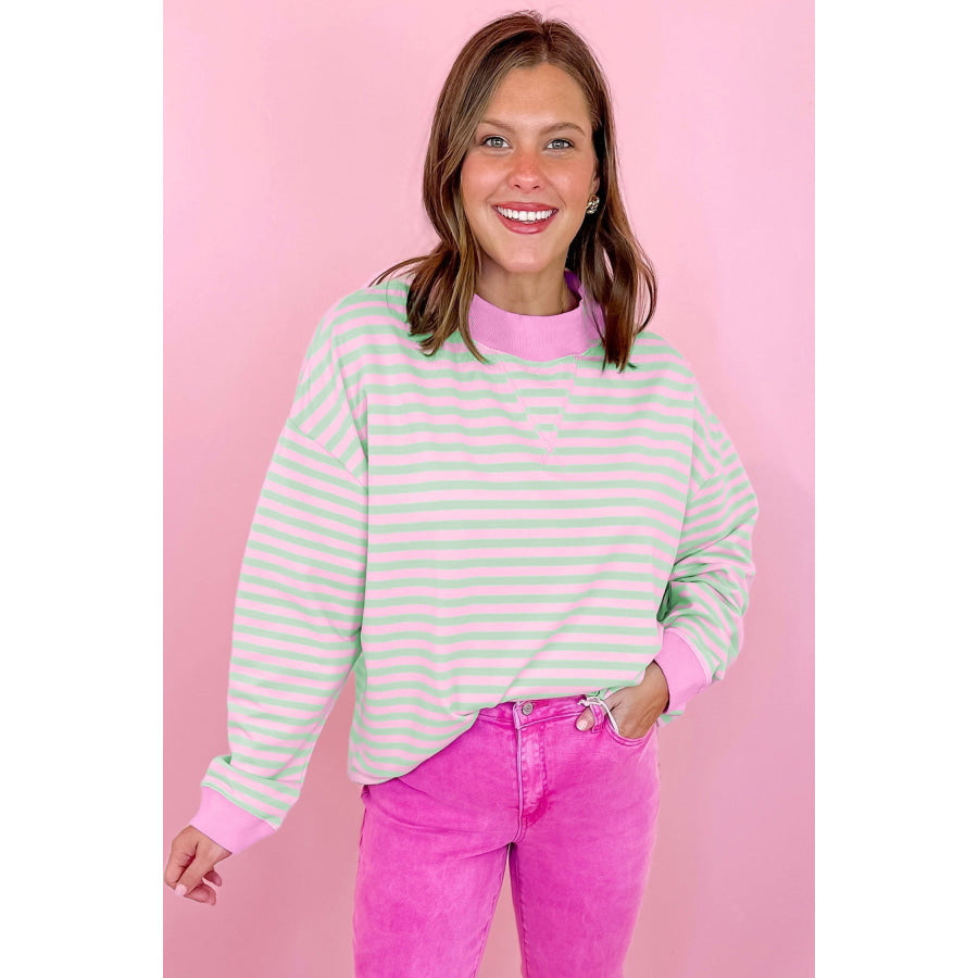 Green Stripe Striped Stand Neck Long Sleeve Sweatshirt Tops/Sweatshirts & Hoodies