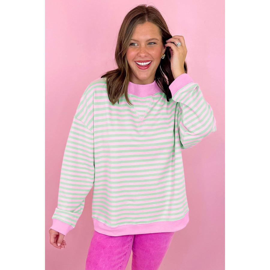 Green Stripe Striped Stand Neck Long Sleeve Sweatshirt Tops/Sweatshirts & Hoodies