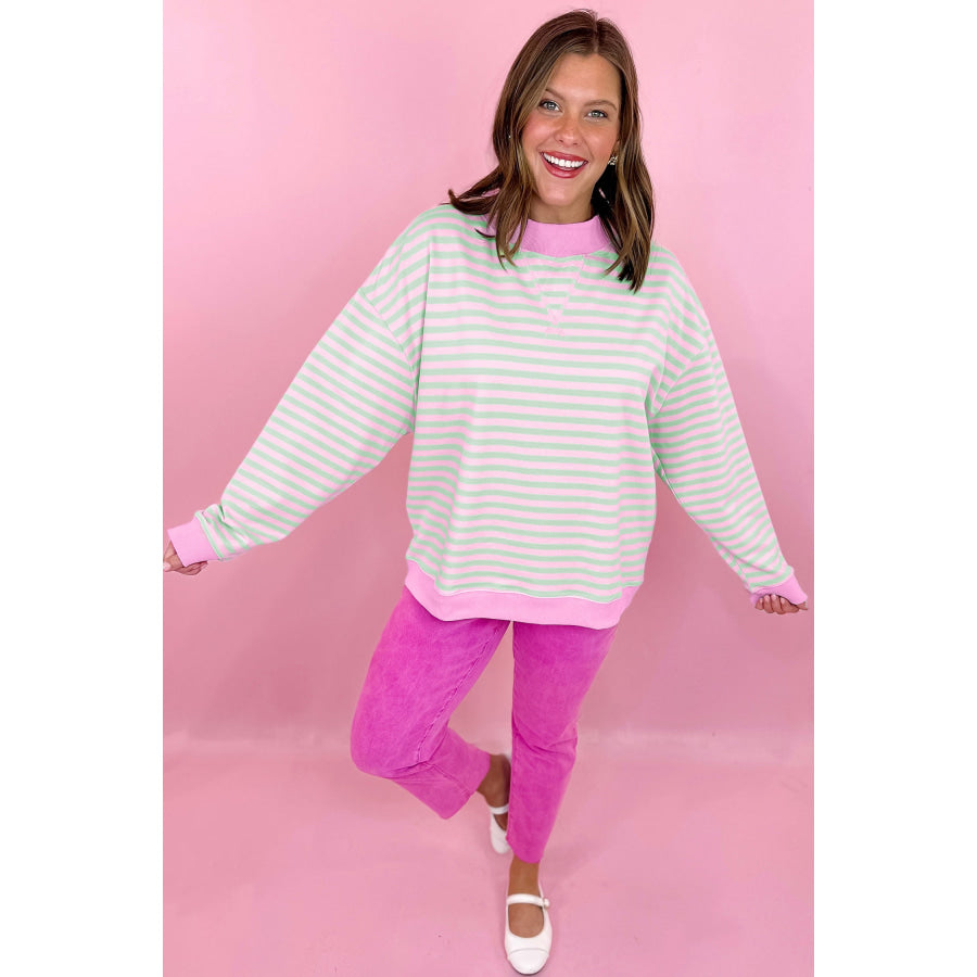 Green Stripe Striped Stand Neck Long Sleeve Sweatshirt Tops/Sweatshirts & Hoodies